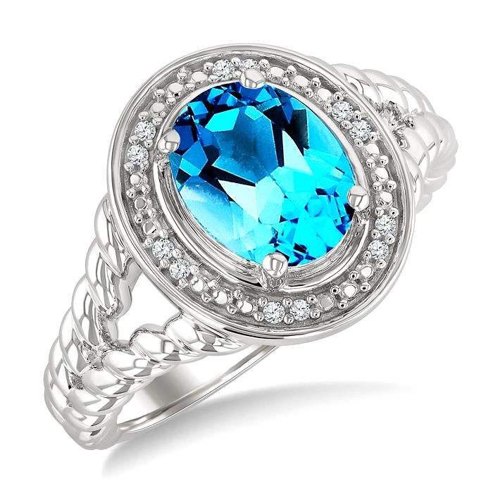 9x7 MM Oval Shape Blue Topaz and 1/20 Ctw Round Cut Diamond Semi-precious Ring in Sterling Silver