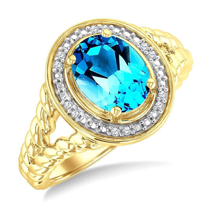 9X7 MM Oval Shape Blue Topaz and 1/20 Ctw Round Cut Diamond Semi-Precious Rings in Yellow Gold Vermeil