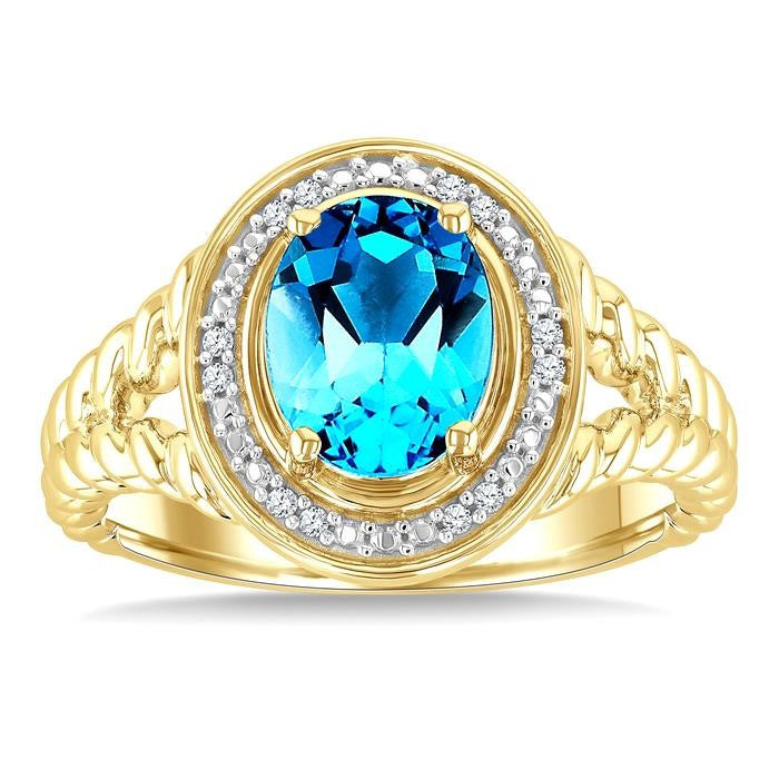 9X7 MM Oval Shape Blue Topaz and 1/20 Ctw Round Cut Diamond Semi-Precious Rings in Yellow Gold Vermeil