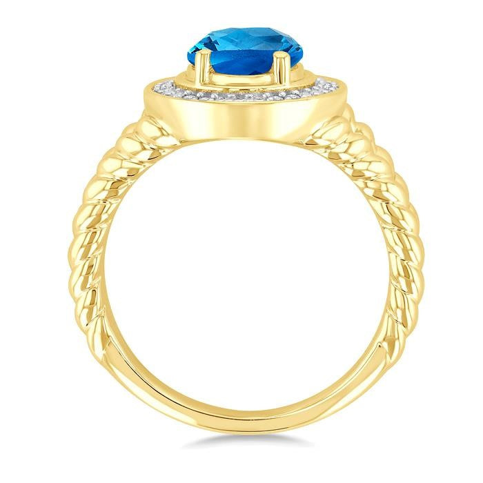 9X7 MM Oval Shape Blue Topaz and 1/20 Ctw Round Cut Diamond Semi-Precious Rings in Yellow Gold Vermeil