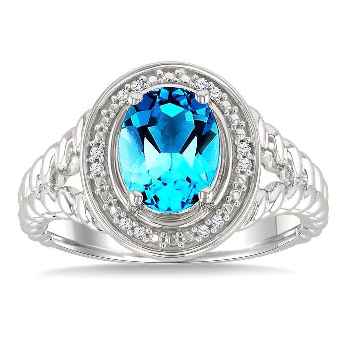 Silver Oval Shape Gemstone & Diamond Ring