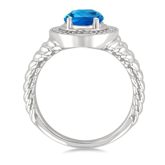 Silver Oval Shape Gemstone & Diamond Ring
