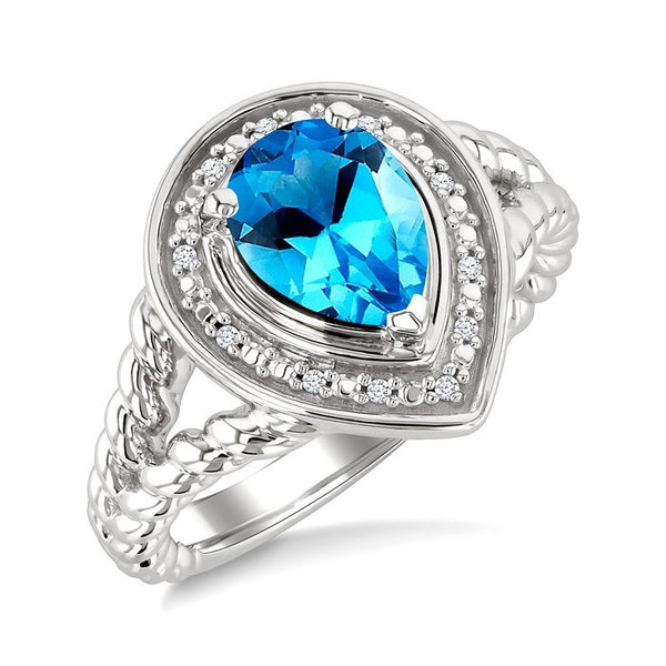 9X6MM Pear Cut Blue Topaz and 1/20 Ctw Round Cut Diamond Semi-Precious Ring in Sterling Silver