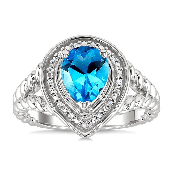 9X6MM Pear Cut Blue Topaz and 1/20 Ctw Round Cut Diamond Semi-Precious Ring in Sterling Silver