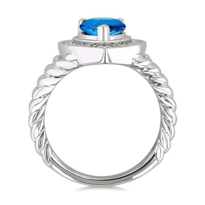 9X6MM Pear Cut Blue Topaz and 1/20 Ctw Round Cut Diamond Semi-Precious Ring in Sterling Silver