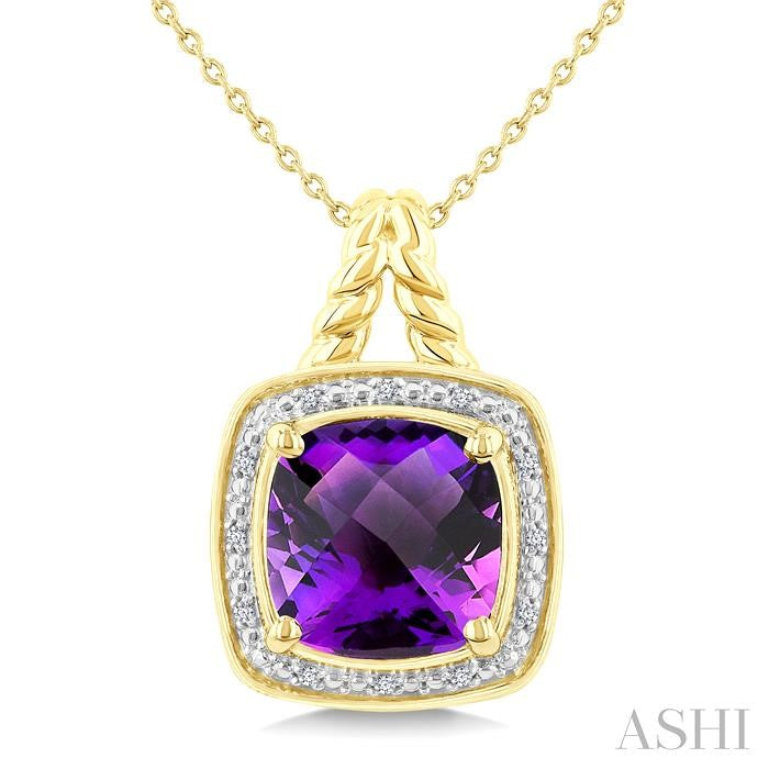10 MM Cushion Shape Amethyst and 1/20 Ctw Round Cut Diamond Semi-Precious Pendant With Chain in Yellow Gold Vermeil