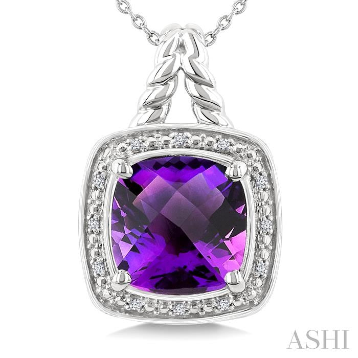 10 MM Cushion Shape Amethyst and 1/20 Ctw Round Cut Diamond Semi-precious Pendant With Chain in Sterling Silver
