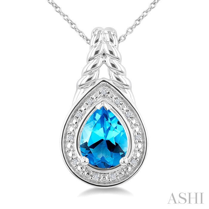 9X6MM Pear Cut Blue Topaz and 1/20 Ctw Round Cut Diamond Semi-Precious Pendant With Chain in Sterling Silver
