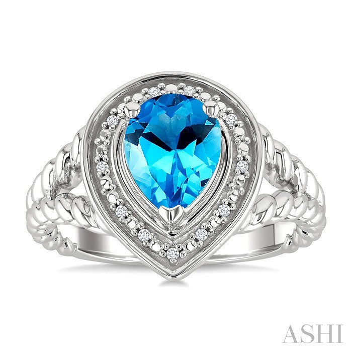 9X6MM Pear Cut Blue Topaz and 1/20 Ctw Round Cut Diamond Semi-Precious Ring in Sterling Silver