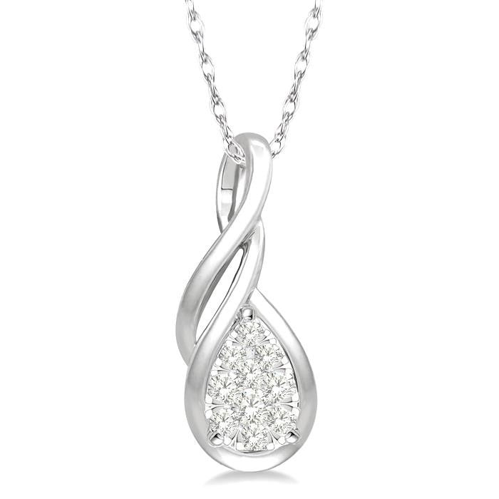 1/8 Ctw Pear Shape Shine Bright Entwined Wire Round Cut Diamond Pendant With Link Chain in 14K White Gold
