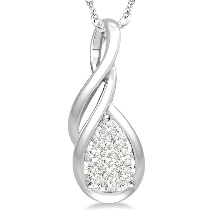 1/8 Ctw Pear Shape Shine Bright Entwined Wire Round Cut Diamond Pendant With Link Chain in 14K White Gold