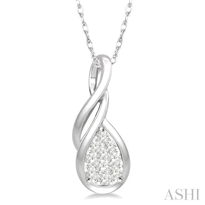 1/8 Ctw Pear Shape Shine Bright Entwined Wire Round Cut Diamond Pendant With Link Chain in 14K White Gold