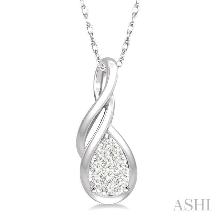 1/8 Ctw Pear Shape Shine Bright Entwined Wire Round Cut Diamond Pendant With Link Chain in 14K White Gold