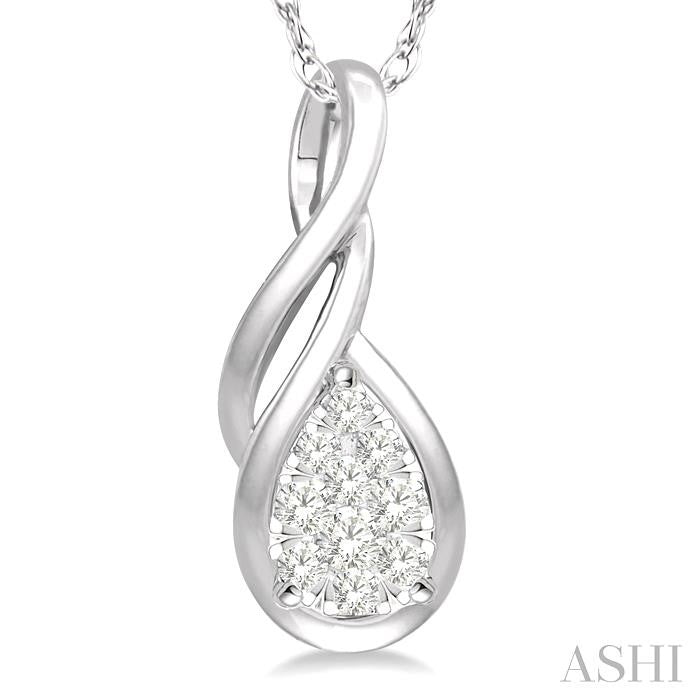 1/8 Ctw Pear Shape Shine Bright Entwined Wire Round Cut Diamond Pendant With Link Chain in 14K White Gold