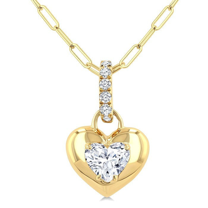 1/4 Ctw Dome Heart and Round Cut Diamond Fashion Pendant With Paperclip Chain in 14K Yellow Gold