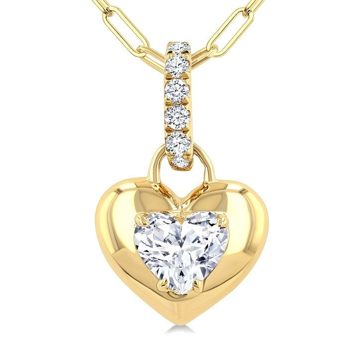 1/4 Ctw Dome Heart and Round Cut Diamond Fashion Pendant With Paperclip Chain in 14K Yellow Gold