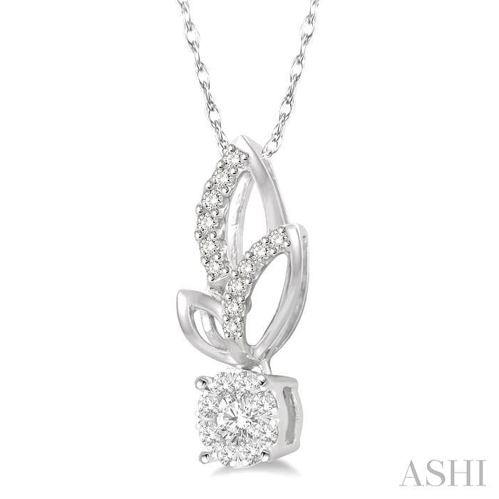 1/6 Ctw Leafy Round Cut Diamond Shine Bright Pendant With Link Chain in 14K White Gold