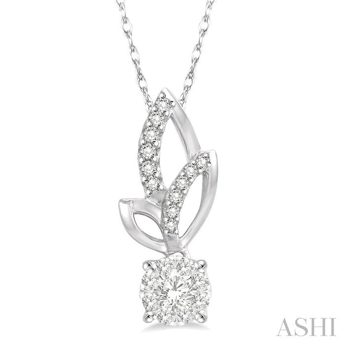 1/6 Ctw Leafy Round Cut Diamond Shine Bright Pendant With Link Chain in 14K White Gold