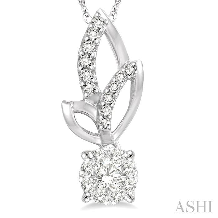1/6 Ctw Leafy Round Cut Diamond Shine Bright Pendant With Link Chain in 14K White Gold