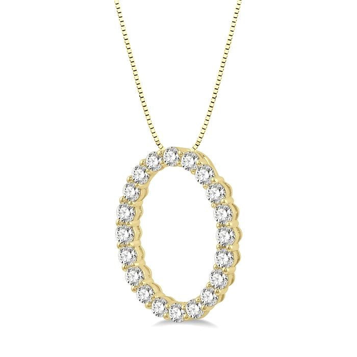 3/4 Ctw Oval Shape Window Round Cut Diamond Pendant With Chain in 14K Yellow Gold