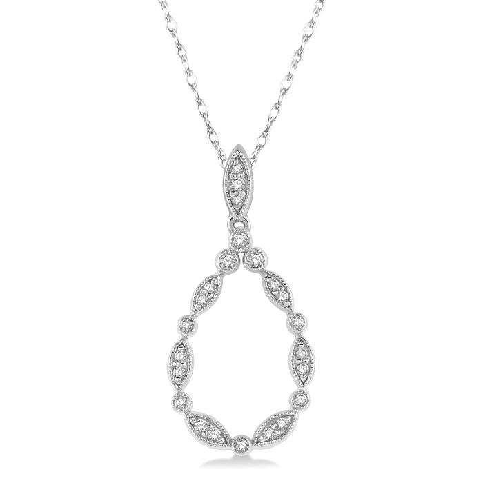 1/8 Ctw Marquise Lattice Hollow Drop Round Cut Diamond Pendant With Chain in 10K White Gold