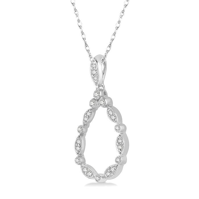 1/8 Ctw Marquise Lattice Hollow Drop Round Cut Diamond Pendant With Chain in 10K White Gold