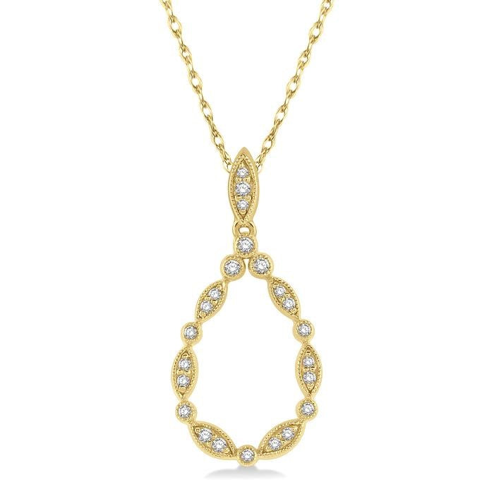 1/8 Ctw Marquise Lattice Hollow Drop Round Cut Diamond Pendant With Chain in 10K Yellow Gold