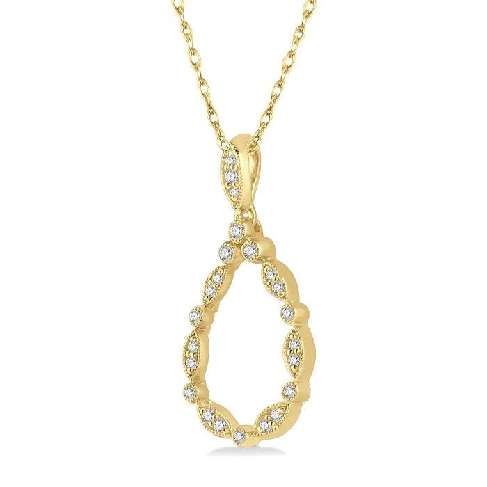 1/8 Ctw Marquise Lattice Hollow Drop Round Cut Diamond Pendant With Chain in 10K Yellow Gold