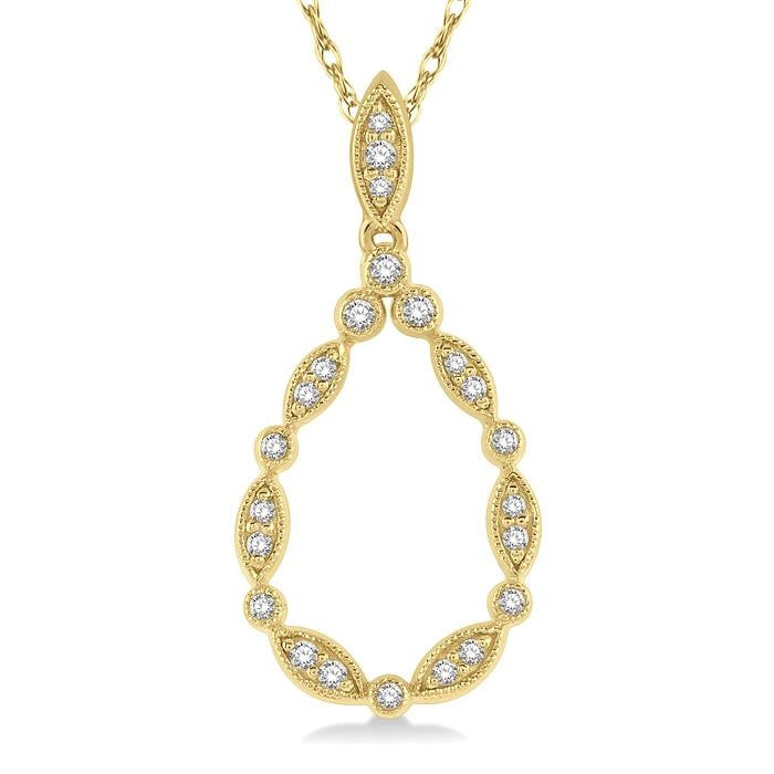 1/8 Ctw Marquise Lattice Hollow Drop Round Cut Diamond Pendant With Chain in 10K Yellow Gold