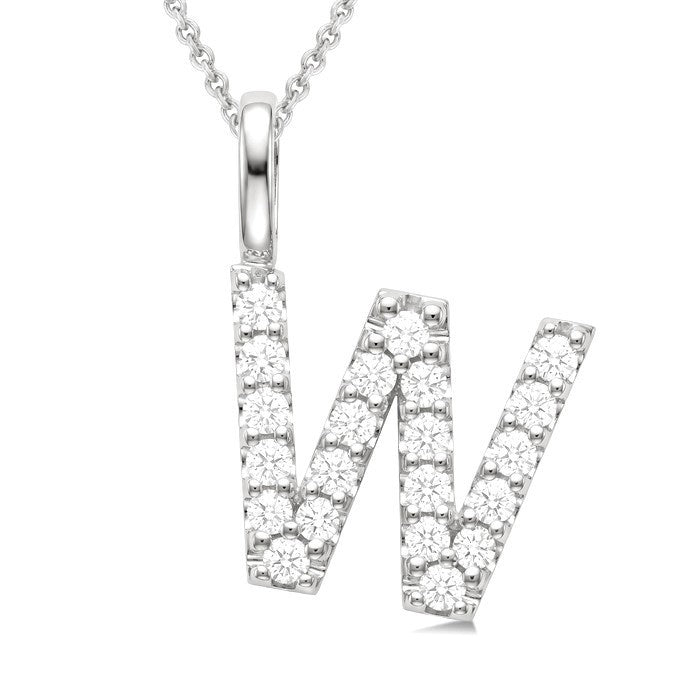 3/8 Ctw Initial 'W' Round Cut Diamond Pendant With Chain in 14K White Gold