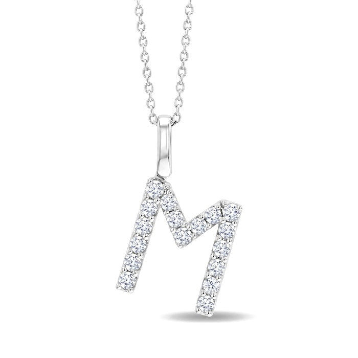 1/3 Ctw Initial 'M' Round Cut Diamond Pendant With Chain in 14K White Gold