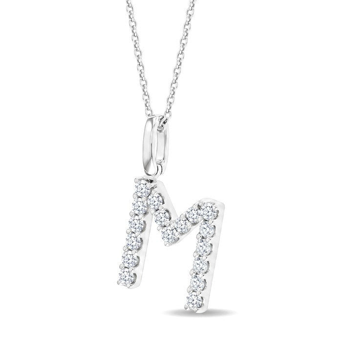 1/3 Ctw Initial 'M' Round Cut Diamond Pendant With Chain in 14K White Gold