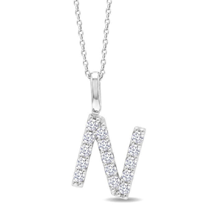1/3 Ctw Initial 'N' Round Cut Diamond Pendant With Chain in 14K White Gold