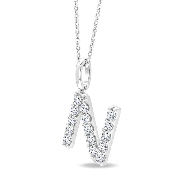 1/3 Ctw Initial 'N' Round Cut Diamond Pendant With Chain in 14K White Gold