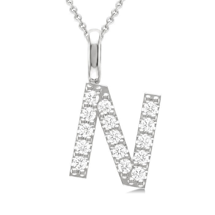 1/3 Ctw Initial 'N' Round Cut Diamond Pendant With Chain in 14K White Gold
