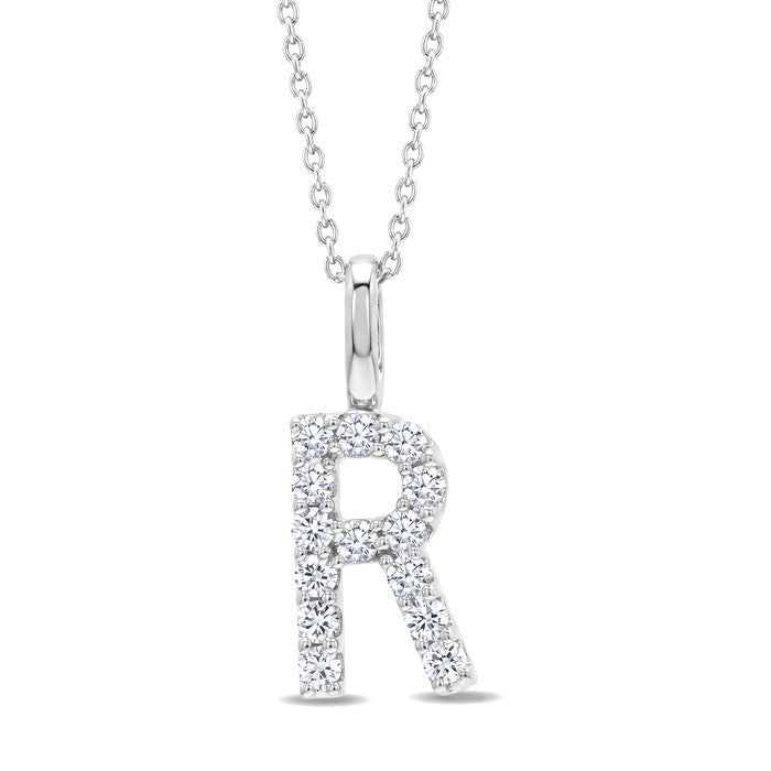1/3 Ctw Initial 'R' Round Cut Diamond Pendant With Chain in 14K White Gold