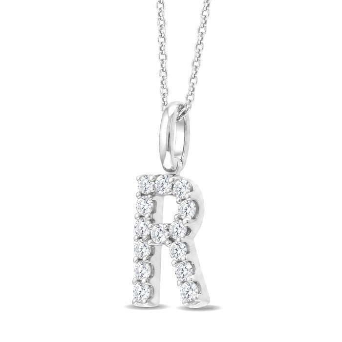 1/3 Ctw Initial 'R' Round Cut Diamond Pendant With Chain in 14K White Gold