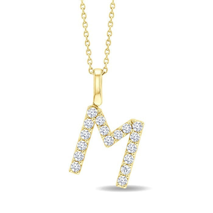 1/3 Ctw Initial 'M' Round Cut Diamond Pendant With Chain in 14K Yellow Gold