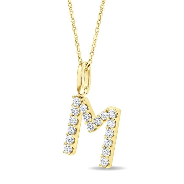 1/3 Ctw Initial 'M' Round Cut Diamond Pendant With Chain in 14K Yellow Gold