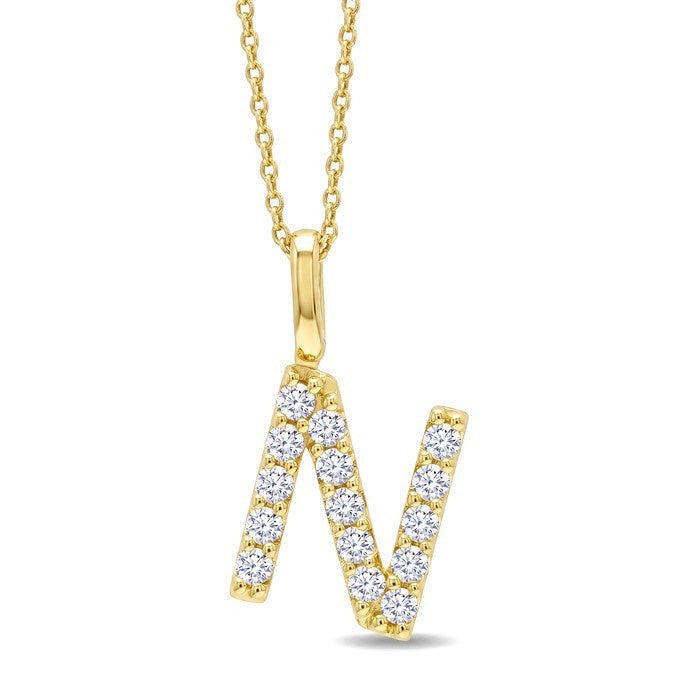 1/3 Ctw Initial 'N' Round Cut Diamond Pendant With Chain in 14K Yellow Gold