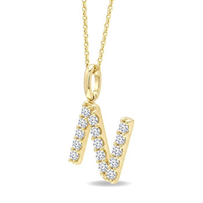 1/3 Ctw Initial 'N' Round Cut Diamond Pendant With Chain in 14K Yellow Gold