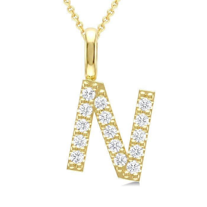 1/3 Ctw Initial 'N' Round Cut Diamond Pendant With Chain in 14K Yellow Gold