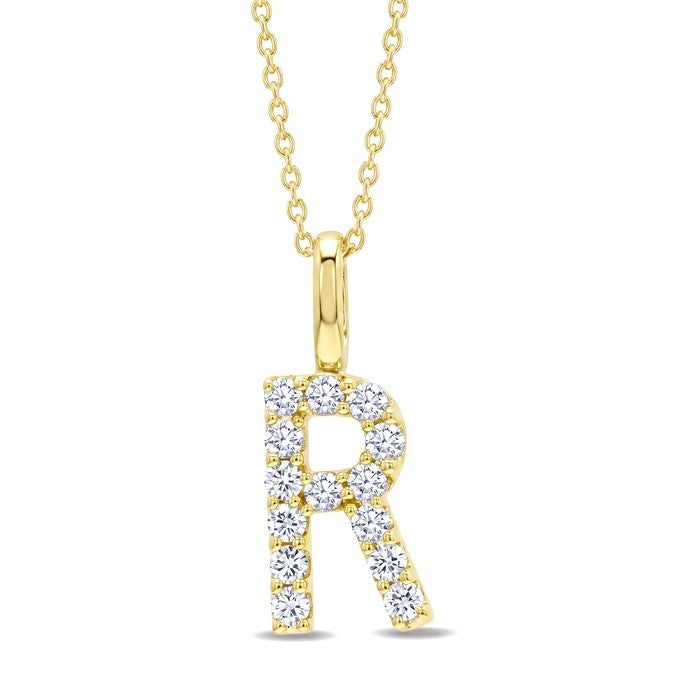 1/3 Ctw Initial 'R' Round Cut Diamond Pendant With Chain in 14K Yellow Gold