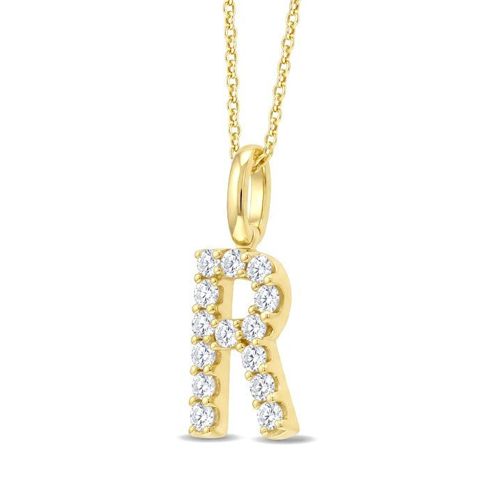 1/3 Ctw Initial 'R' Round Cut Diamond Pendant With Chain in 14K Yellow Gold