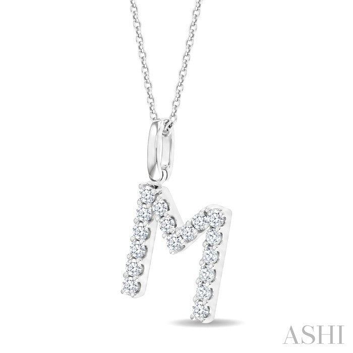 1/3 Ctw Initial 'M' Round Cut Diamond Pendant With Chain in 14K White Gold