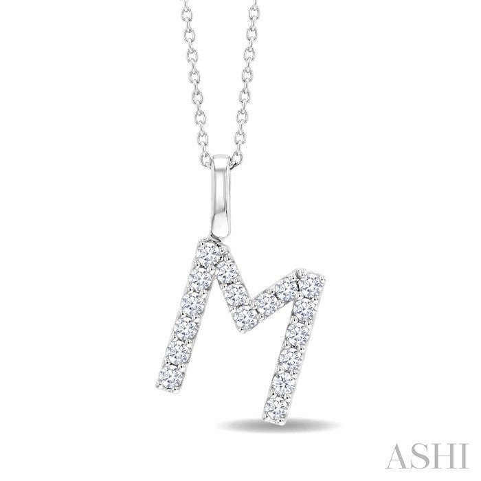 1/3 Ctw Initial 'M' Round Cut Diamond Pendant With Chain in 14K White Gold