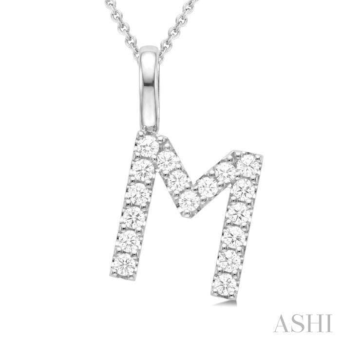 1/3 Ctw Initial 'M' Round Cut Diamond Pendant With Chain in 14K White Gold