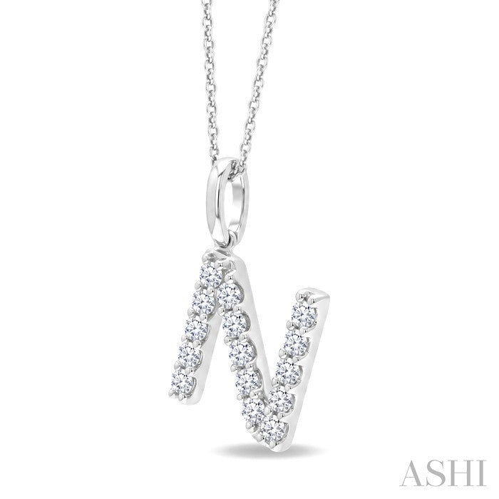 1/3 Ctw Initial 'N' Round Cut Diamond Pendant With Chain in 14K White Gold