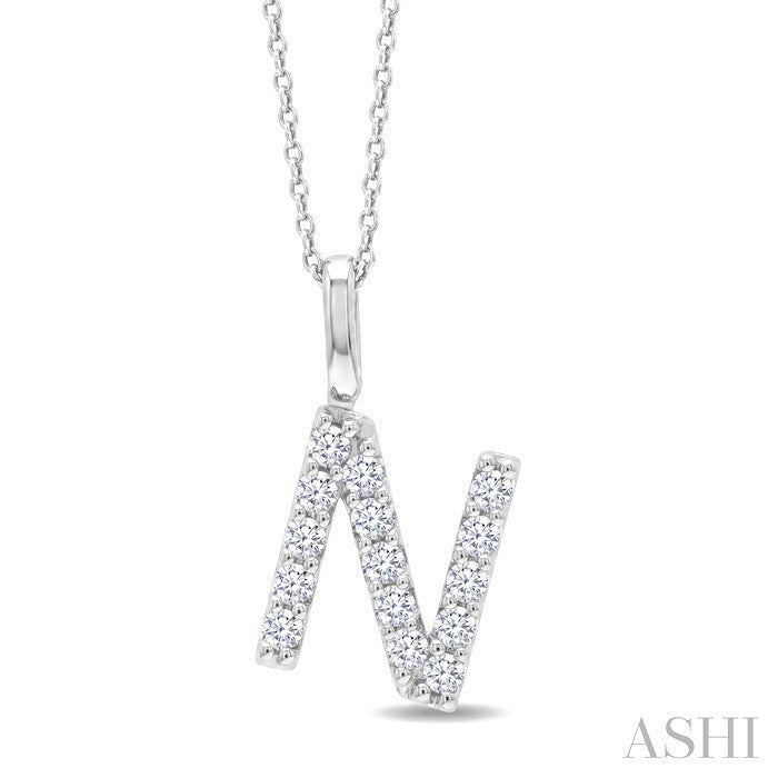 1/3 Ctw Initial 'N' Round Cut Diamond Pendant With Chain in 14K White Gold