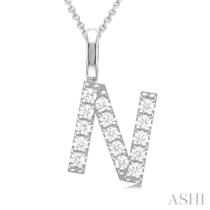 1/3 Ctw Initial 'N' Round Cut Diamond Pendant With Chain in 14K White Gold